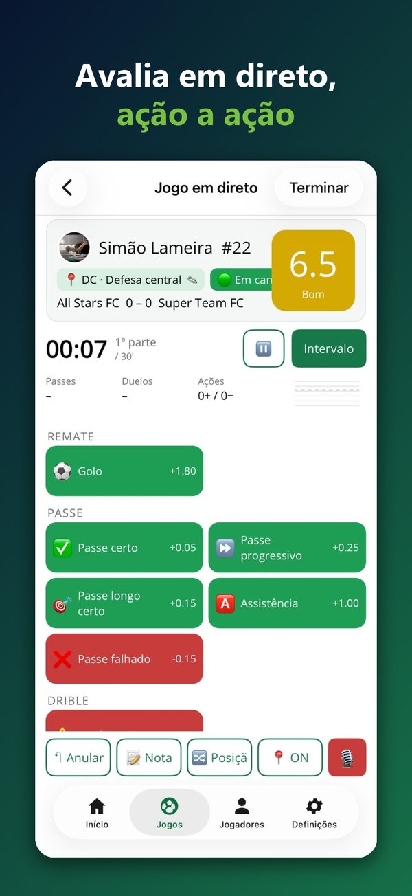 Jogo em direto: a nota muda a cada ação